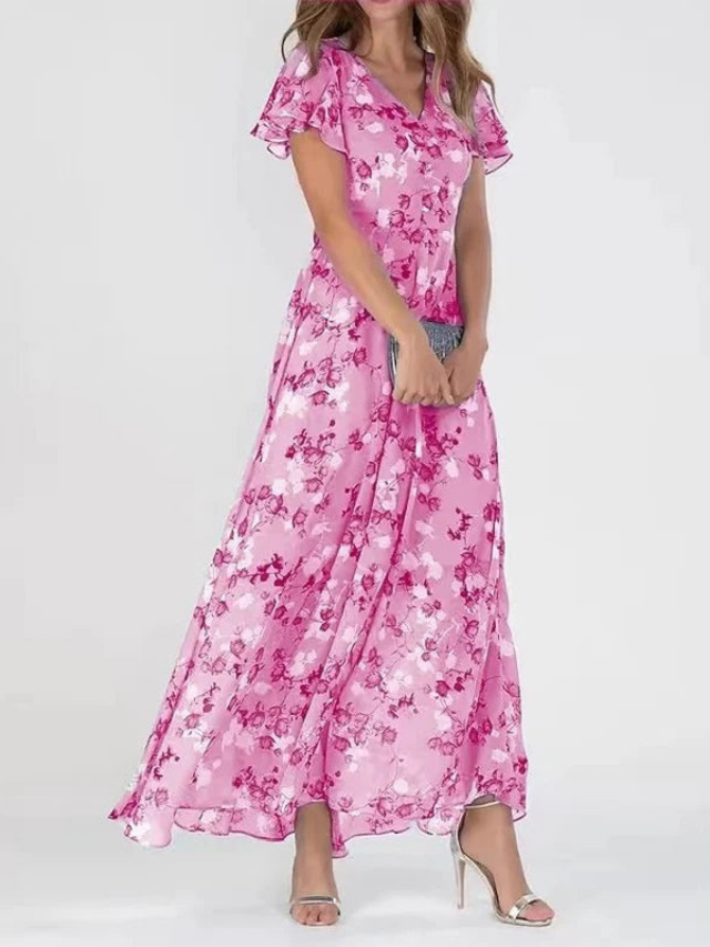 Comfortable women's floral print V-neck maxi dress with stylish flutter sleeves, great for summer events.
