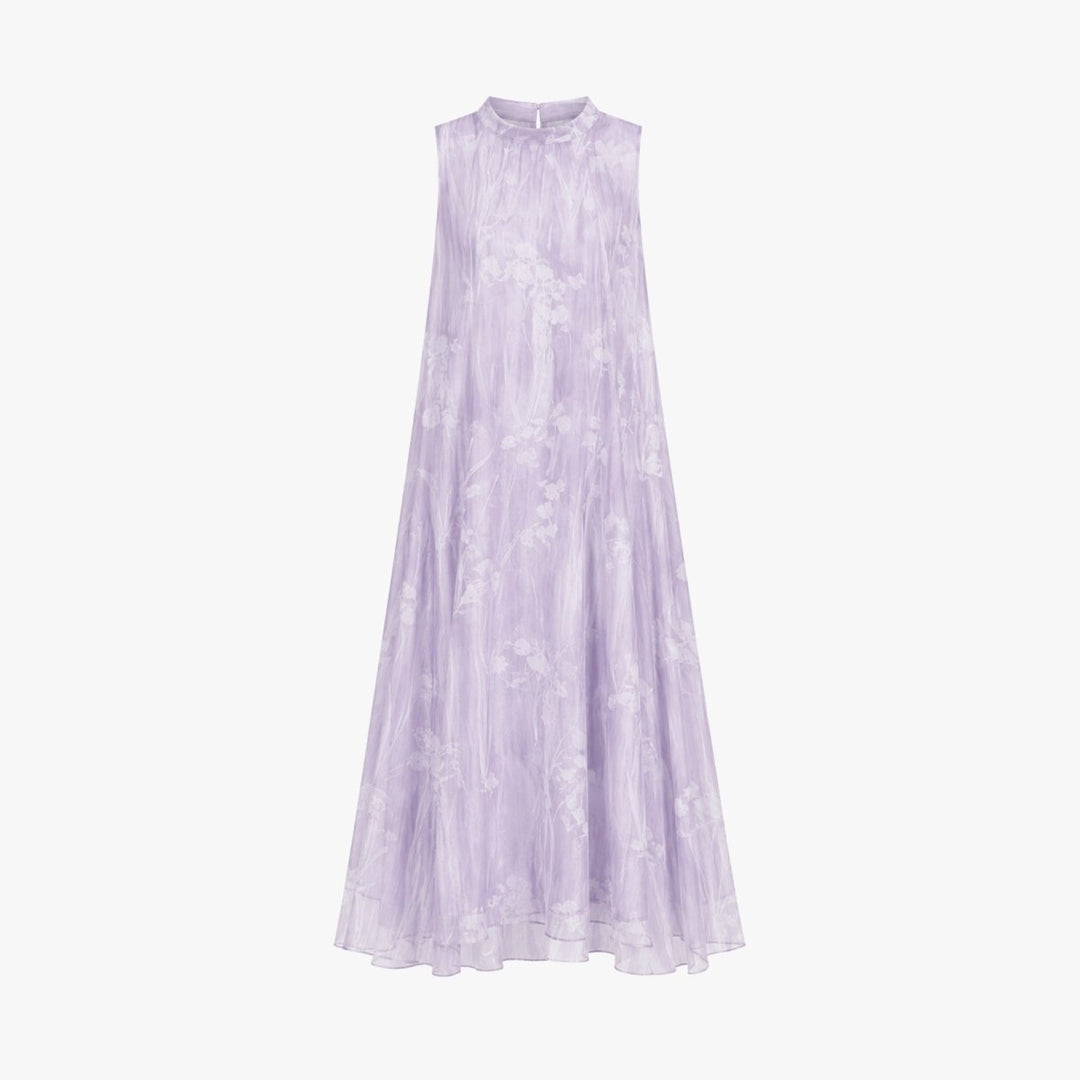 Stunning back view of a women's floral high neck maxi dress, an elegant long formal gown for evening wear.