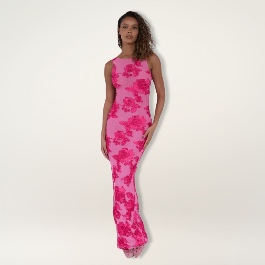 Elegant women's floral high-neck maxi wedding guest dress. Perfect pink sleeveless column gown for special occasions.