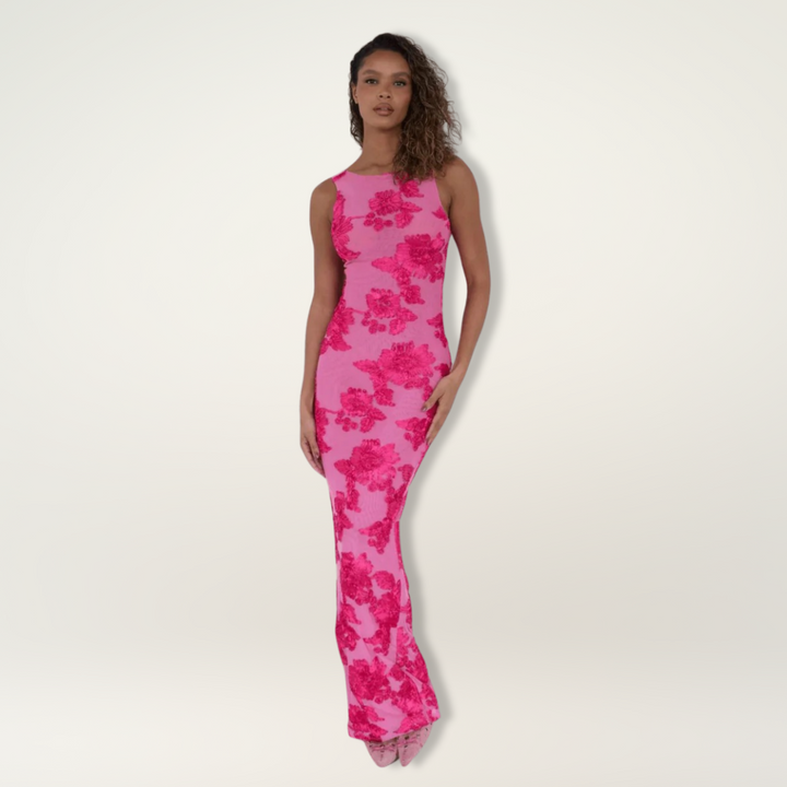 Elegant women's floral high-neck maxi wedding guest dress. Perfect pink sleeveless column gown for special occasions.