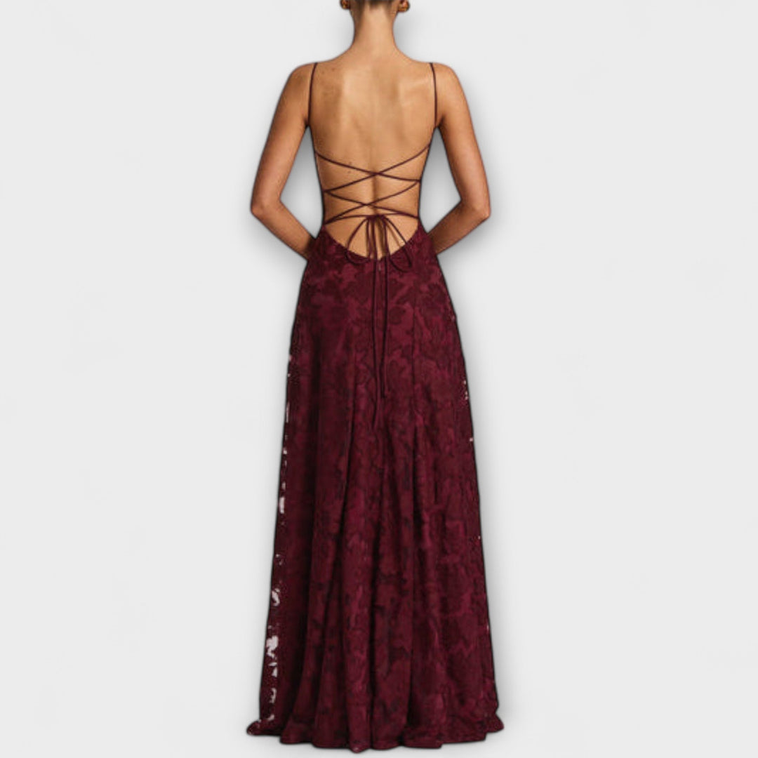 Sophisticated wedding guest floral lace maxi dress. Elegant formal wear for women's special occasions.