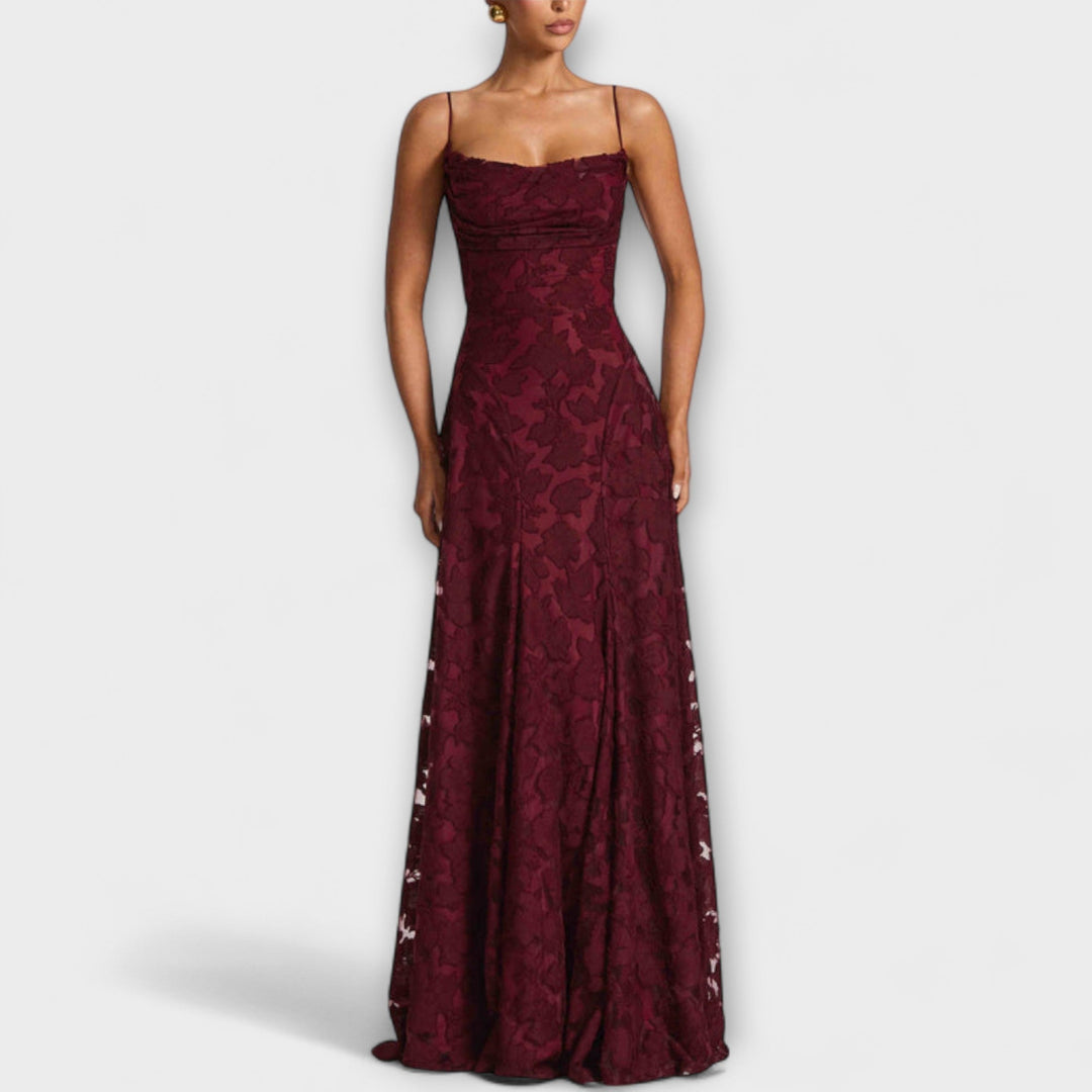 Women's elegant floral lace A-line maxi dress. Perfect for weddings, parties, and summer special events.