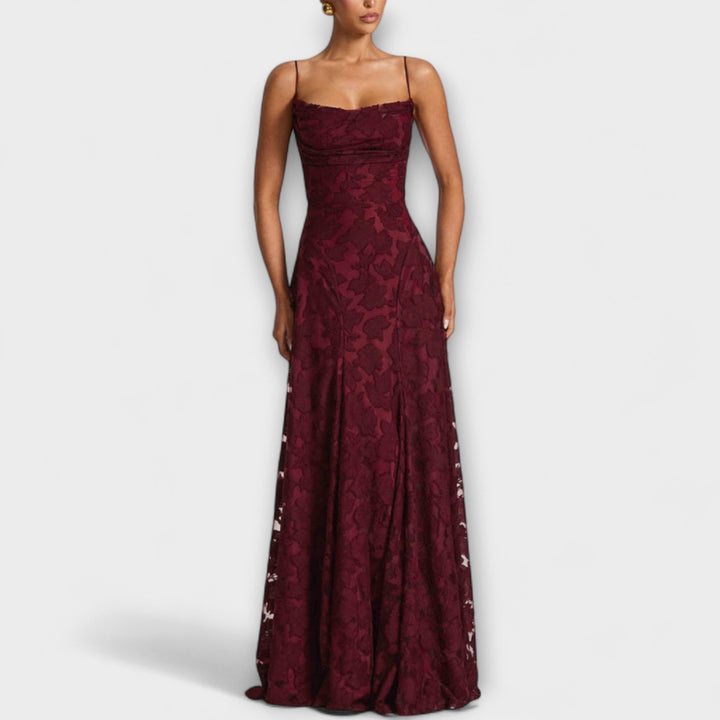 Women's elegant floral lace A-line maxi dress. Perfect for weddings, parties, and summer special events.
