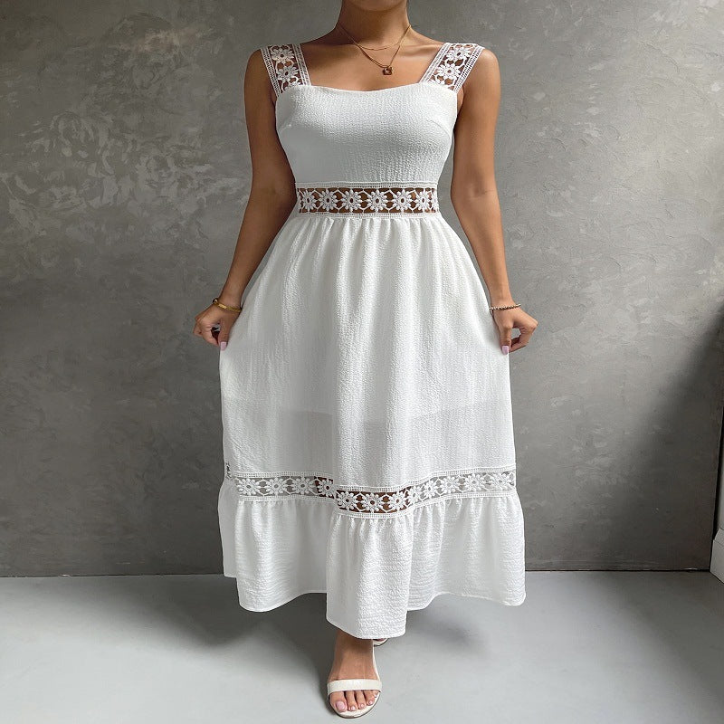 Elegant women's floral lace maxi dress with square neck, sleeveless design, perfect for summer occasions & vacations.