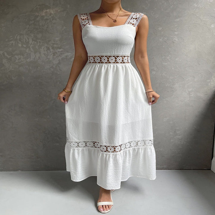 Elegant women's floral lace maxi dress with square neck, sleeveless design, perfect for summer occasions & vacations.