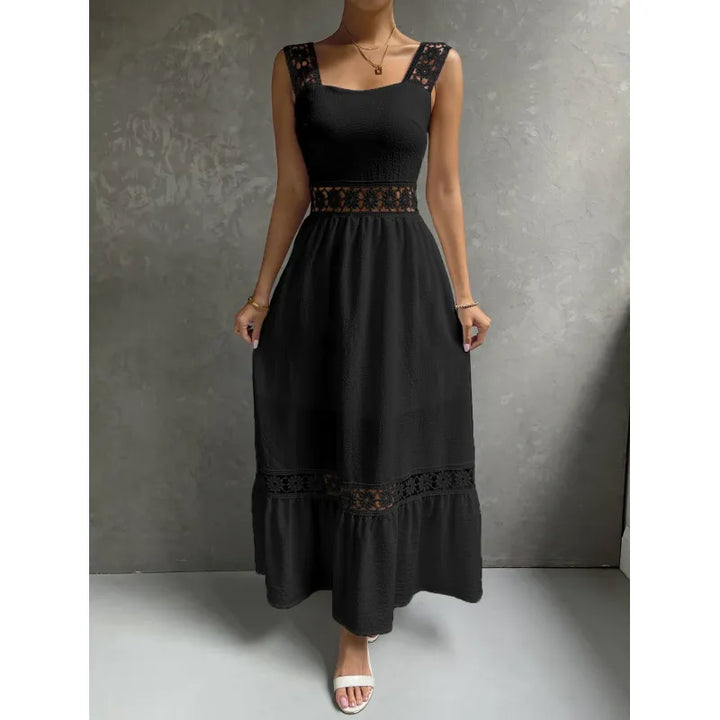 Long elegant black floral lace maxi dress for women, sleeveless and square neck, ideal for formal summer events.