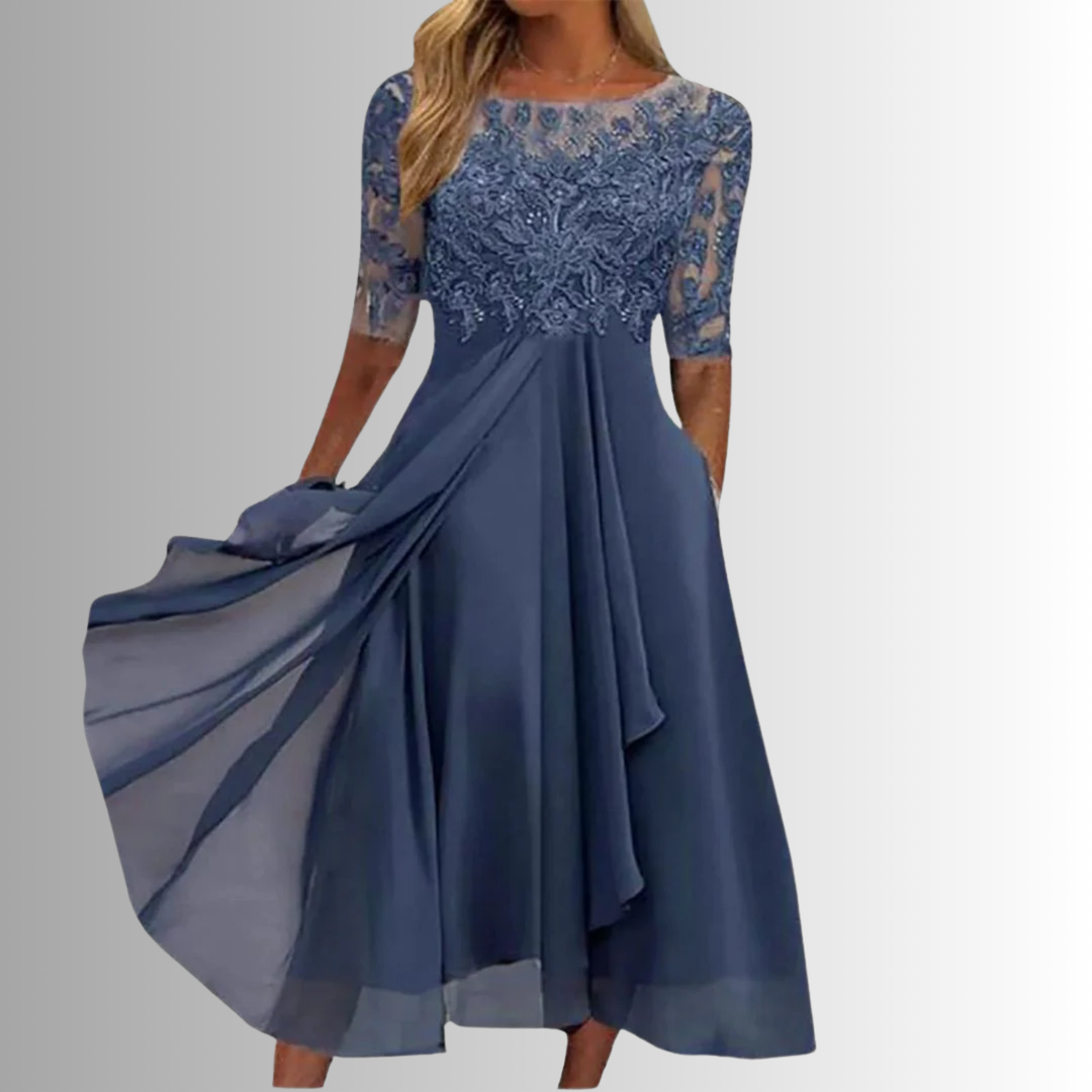 Elegant women's floral lace midi dress, perfect for wedding guests, parties, or special occasions.