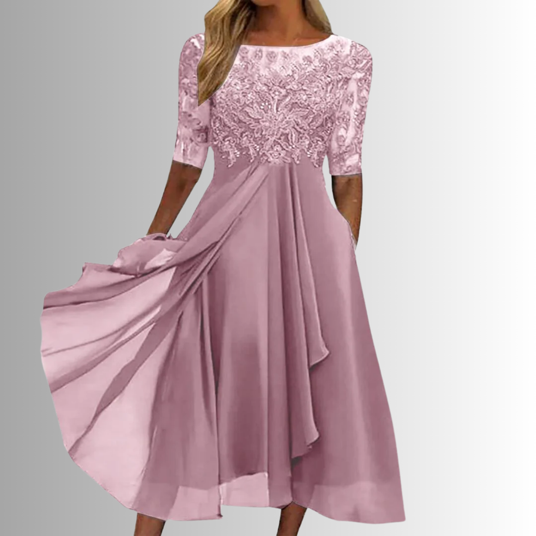 Chic women's elegant lace midi dress with floral detail, ideal for evening events & formal parties.