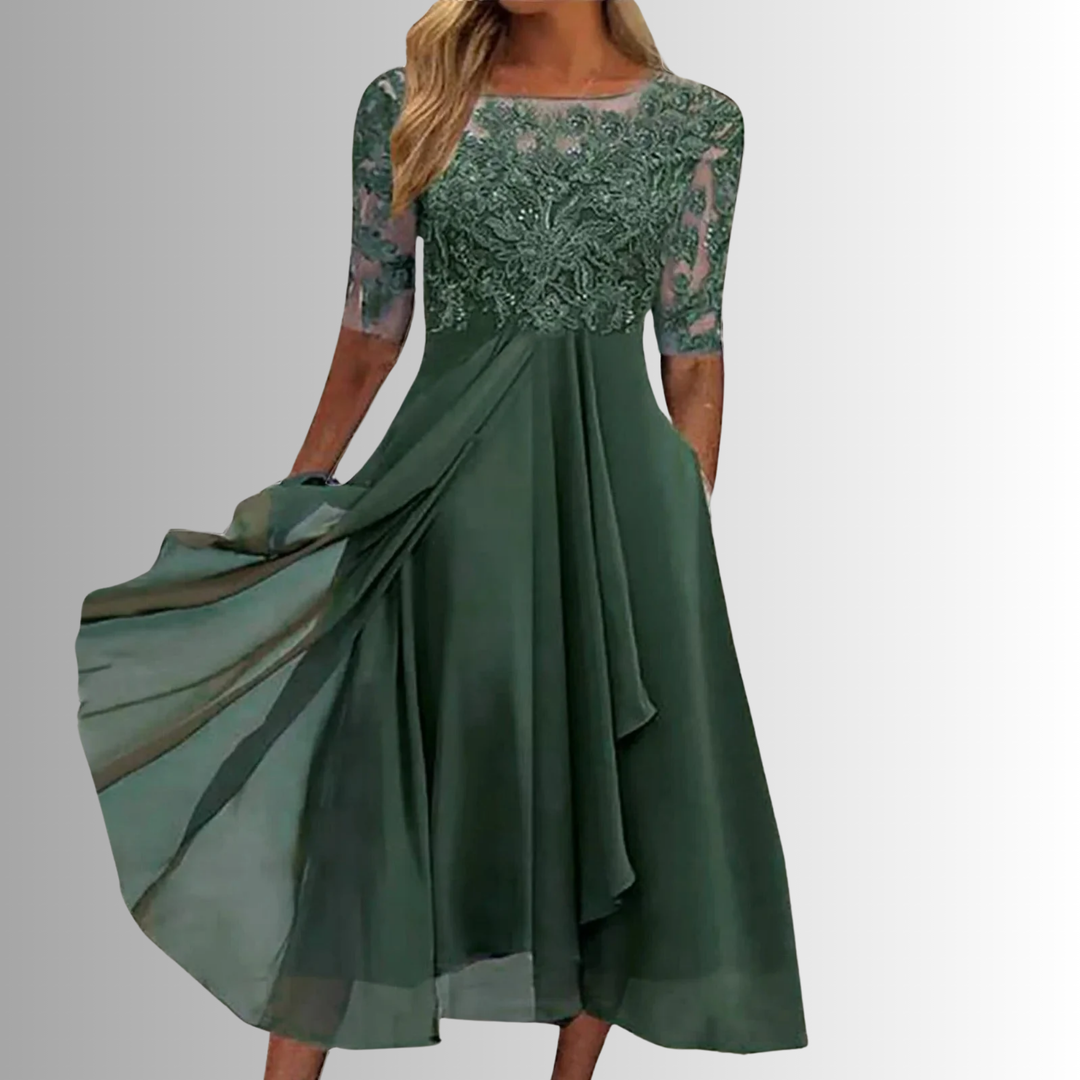 Women's sophisticated floral lace midi dress, perfect for weddings, galas, or special celebrations.