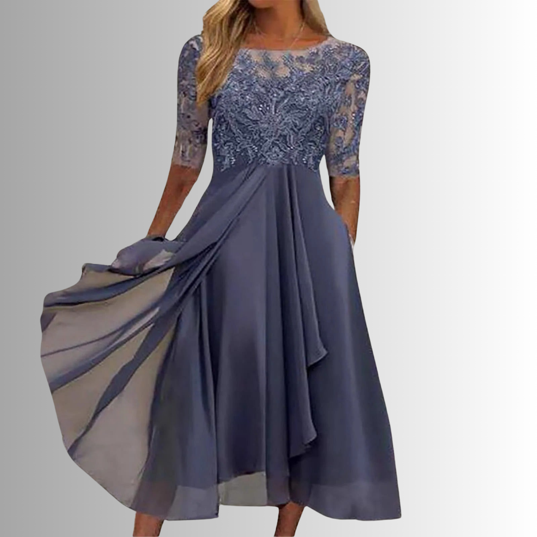 Beautiful women's midi dress featuring intricate floral lace, an elegant choice for evening wear.