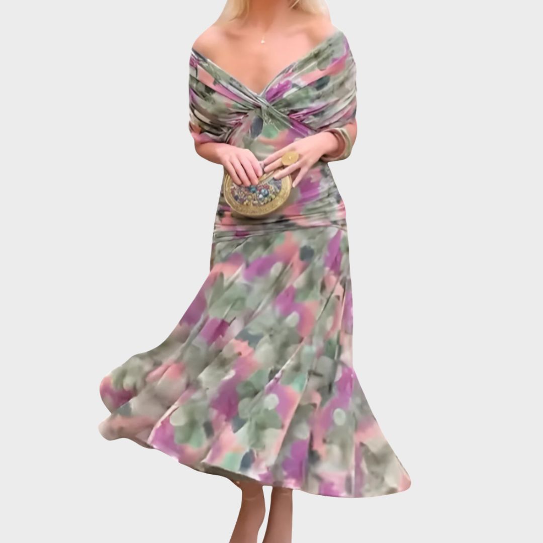 Elegant women's floral long sleeve dress for weddings & formal events.
