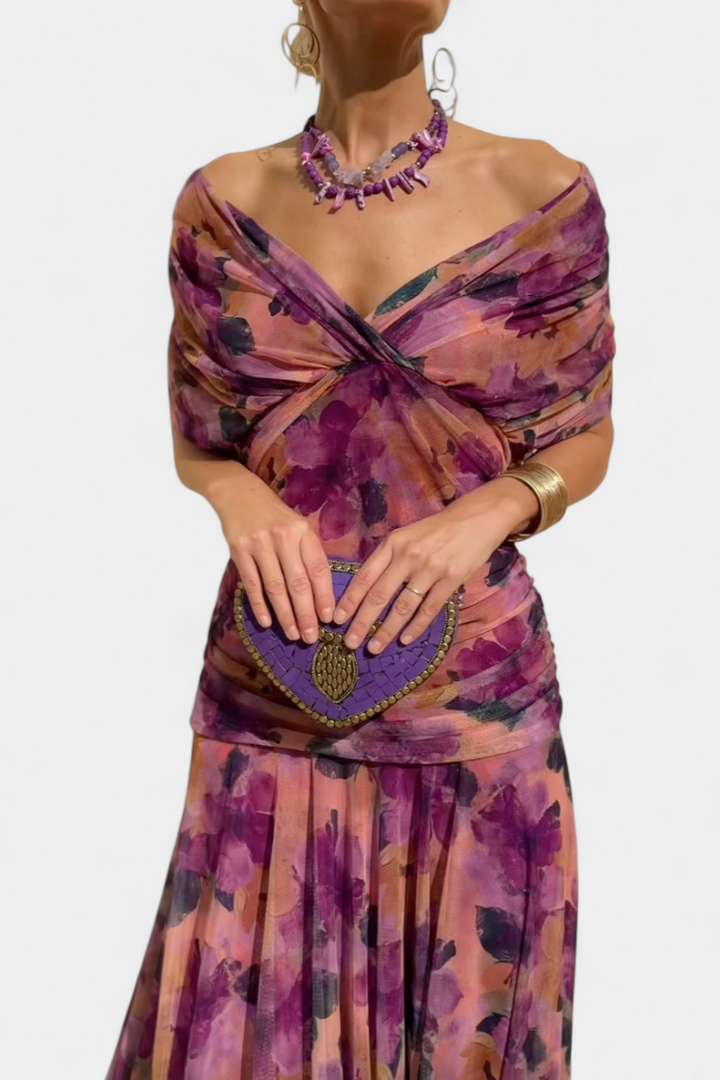 Elegant ruched floral long sleeve dress for women, perfect for celebrations.