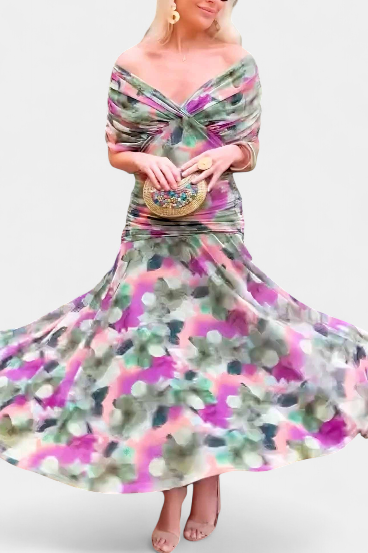 Flattering floral long sleeve dress for wedding guests, elegant occasion wear.