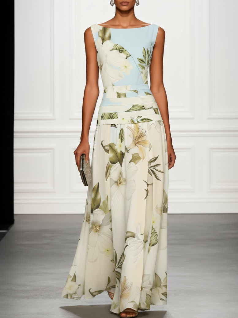 Elegant women's floral maxi dress, boat neck. Perfect for wedding guests, formal events, or summer occasions.