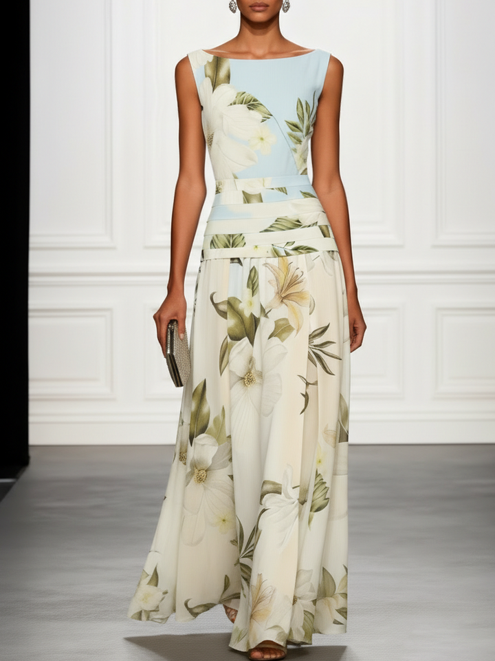 Elegant women's floral maxi dress, boat neck. Perfect for wedding guests, formal events, or summer occasions.