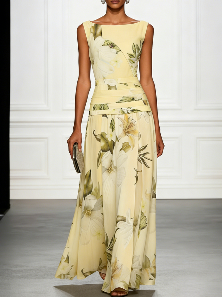 Elegant women's floral maxi dress, boat neck. Ideal wedding guest, formal, summer occasion wear, long & chic.