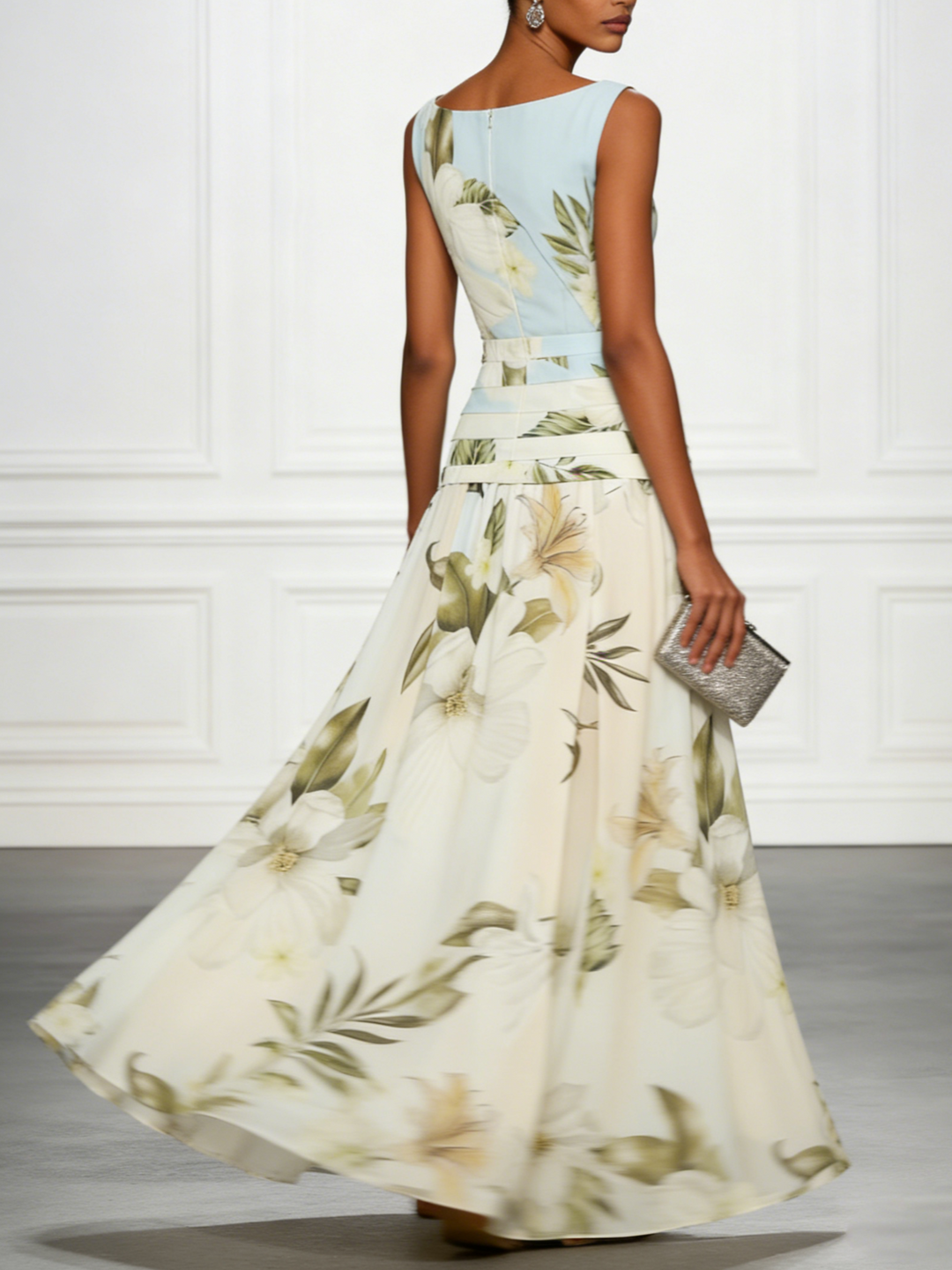A-line floral maxi dress for women, boat neck. Ideal sophisticated wedding guest outfit or formal summer wear.