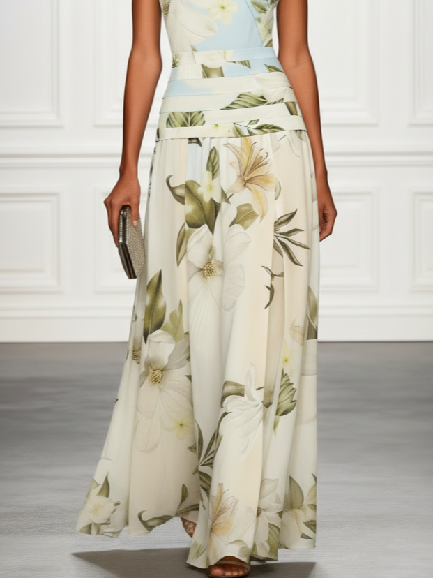 Long women's floral print dress with flattering boat neckline. Suitable for formal summer occasions & wedding guests.