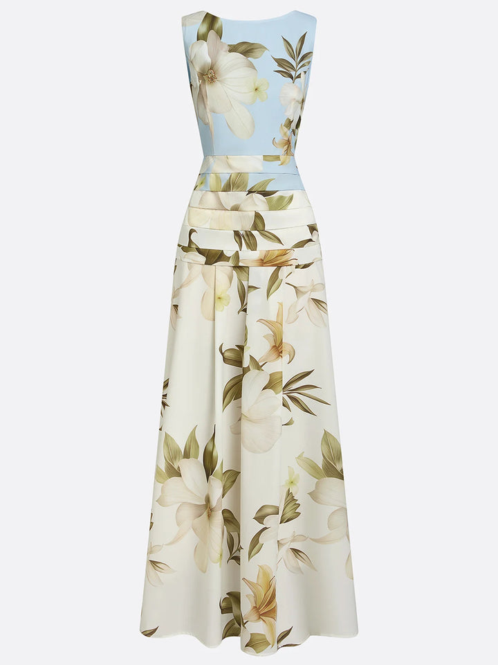 Sophisticated floral maxi dress, boat neck, A-line cut. Elegant women's wedding guest attire, formal occasion wear.