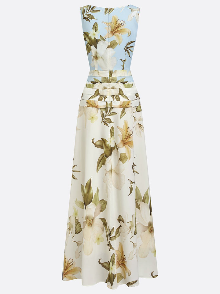 Beautiful summer floral maxi dress with classic boat neck. Excellent choice for women's occasion wear or formal events.
