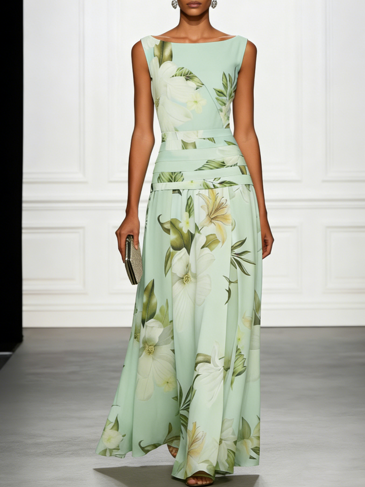 Chic women's boat neck floral maxi dress. Elegant option for wedding guests, formal parties, or special events.