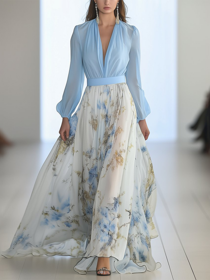 Elegant women's floral maxi dress with a flowing silhouette and V-neck. Perfect for summer and spring parties.