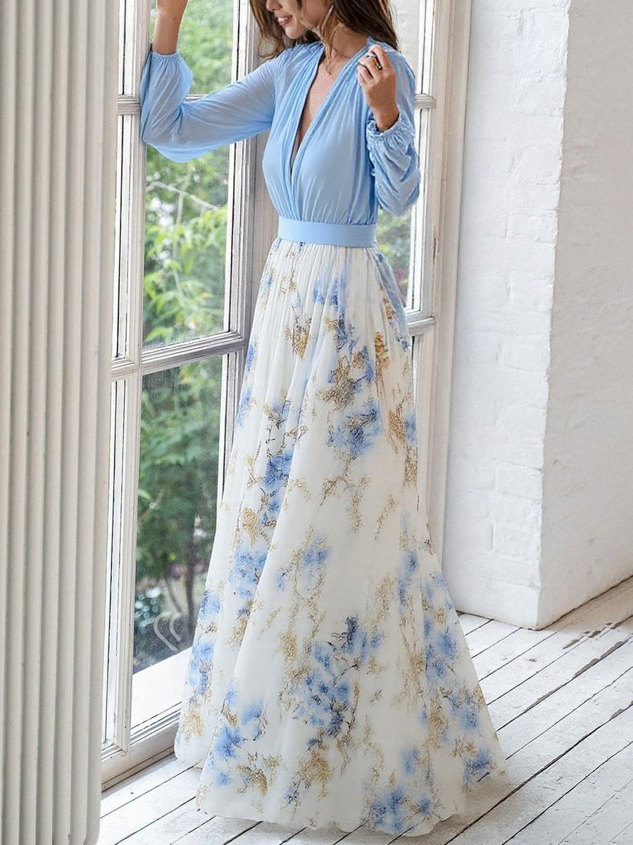 Comfortable long floral maxi dress for women, featuring a stylish V-neck and a versatile flowing design.
