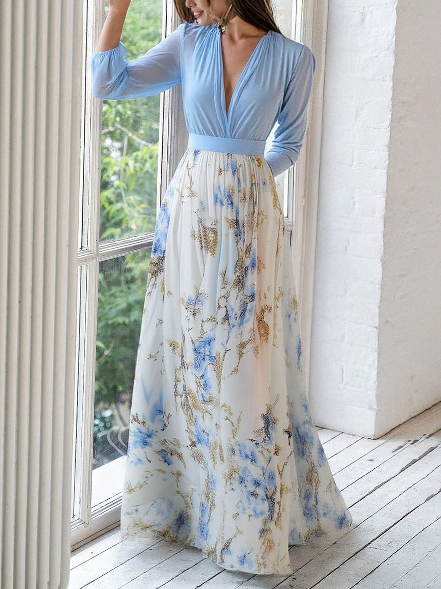Feminine V-neck floral maxi dress for women, ideal for casual chic or elegant party wear in spring/summer.