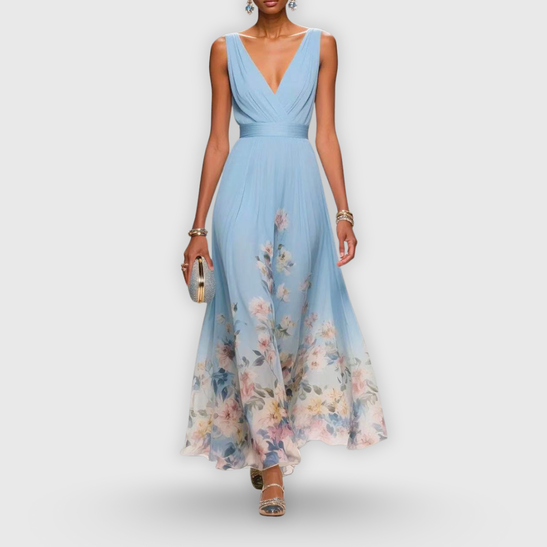 Elegant women's floral maxi dress with a V-neck, perfect for summer garden parties. Sleeveless A-line gown.