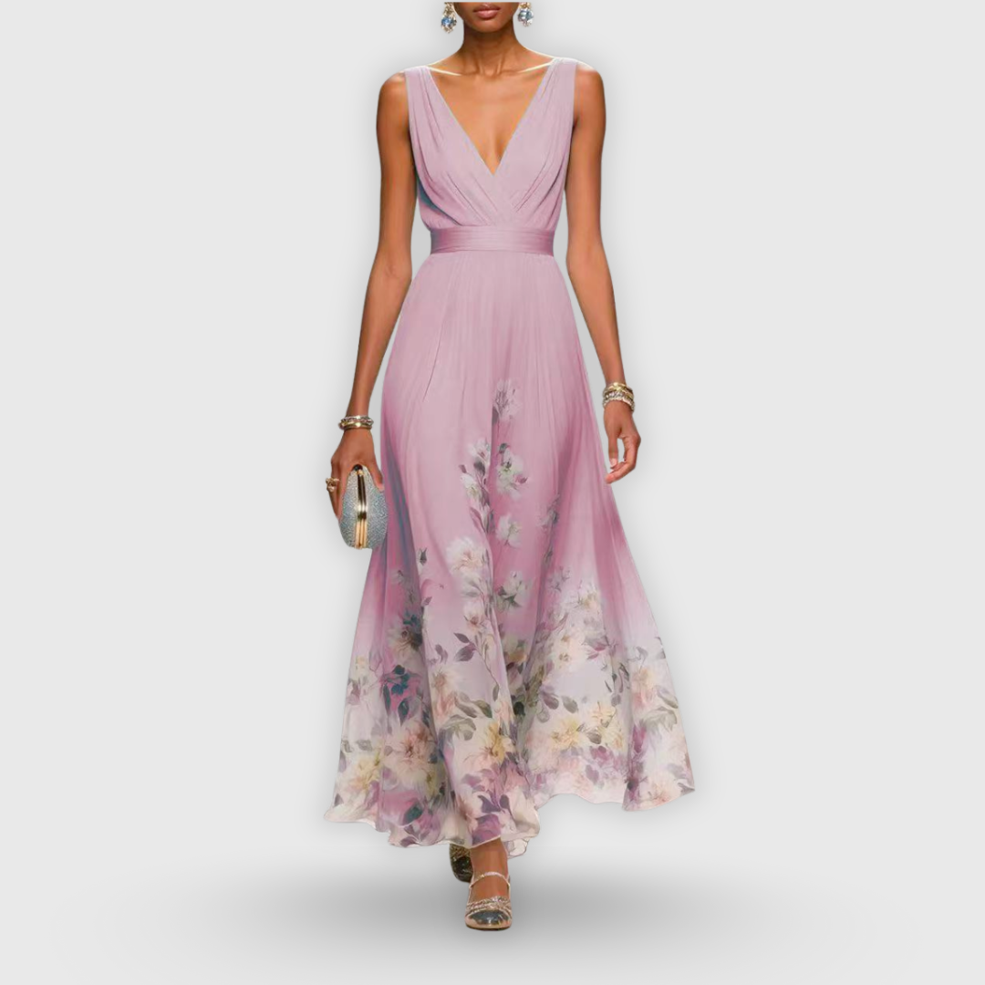 Stylish sleeveless floral maxi dress for women, featuring a V-neck, pleated A-line skirt. Elegant formal wear.