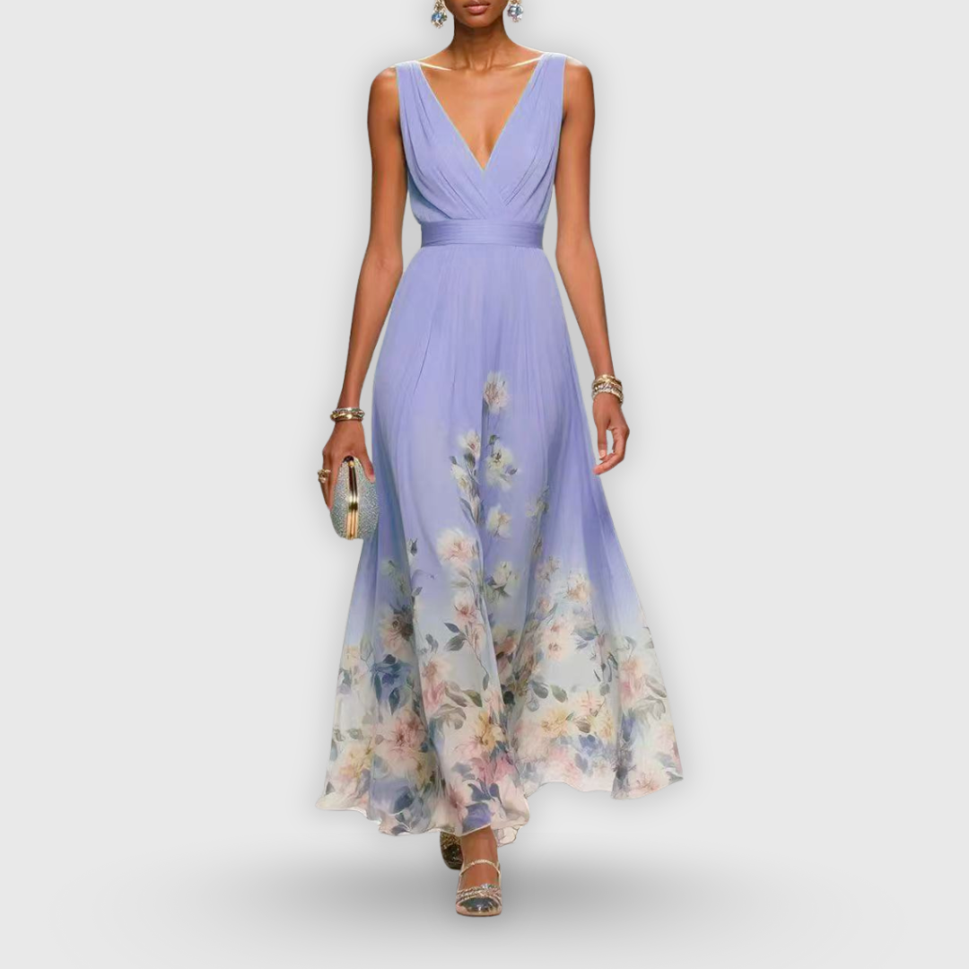 Elegant floral long dress for women, a V-neck sleeveless gown perfect as a summer celebration outfit.