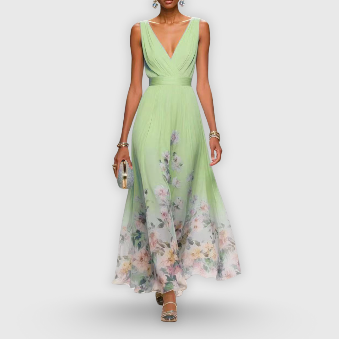 Beautiful flowy floral maxi dress with V-neck, sleeveless design for women. Ideal elegant garden party gown.
