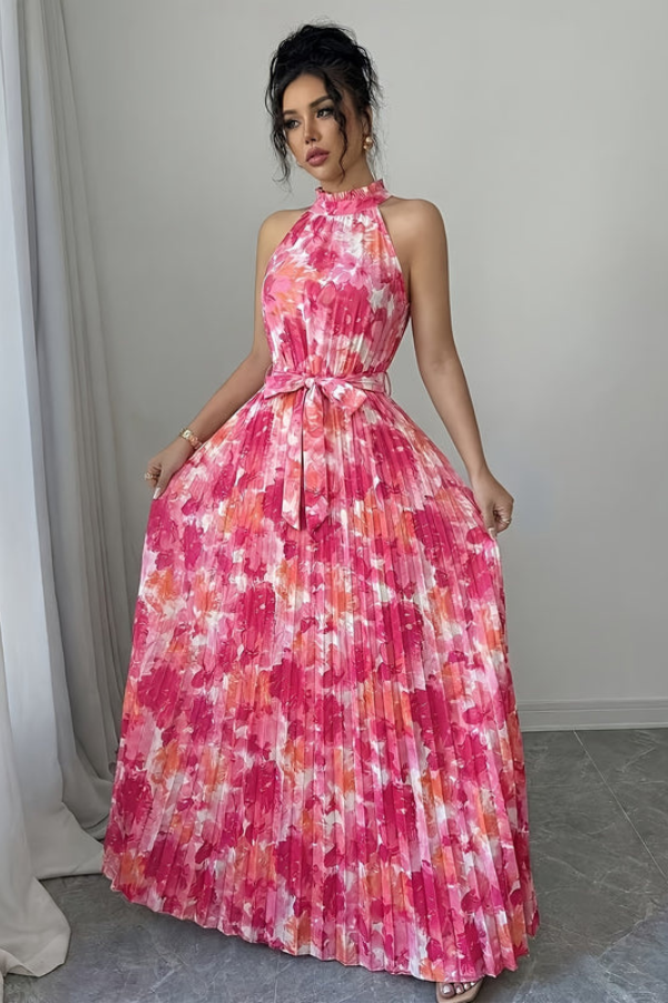 Elegant women's floral maxi dress with halter neck and stylish keyhole detail, perfect for summer vacations & parties.