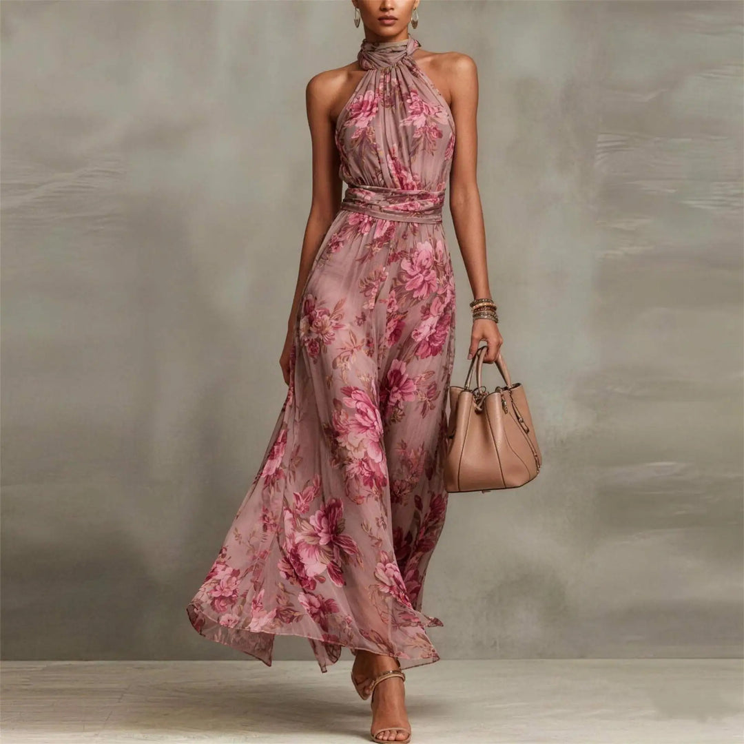 Elegant women's floral maxi dress with halter neck & ruched waist, perfect for a wedding guest or summer party.