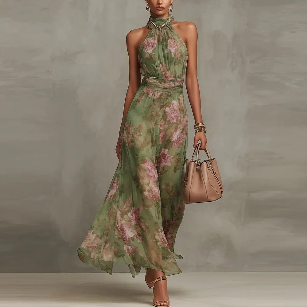Sleeveless halter neck floral maxi dress for women, featuring a ruched waist, ideal for elegant evening wear.