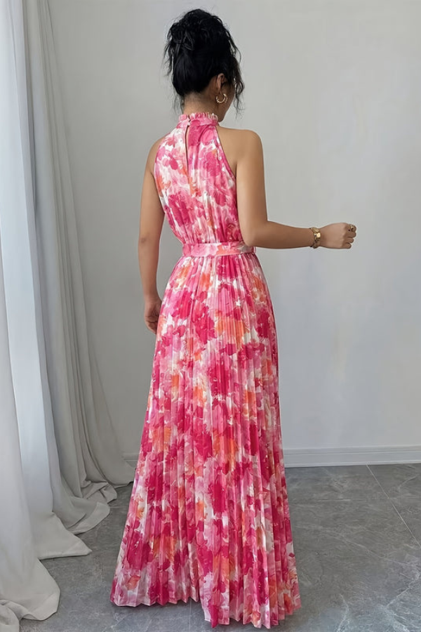 Stunning floral print maxi dress for women, designed with a trendy halter neck and unique keyhole neckline.