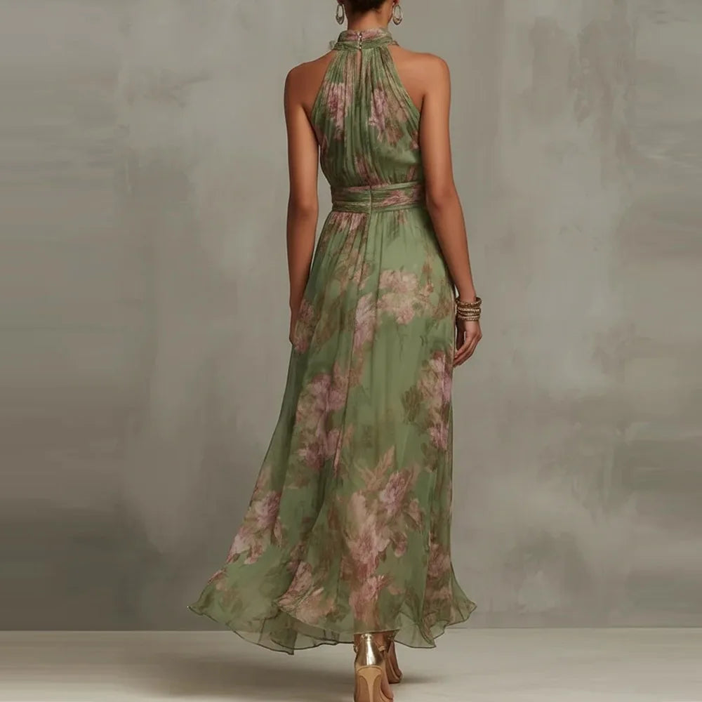 Flowing floral maxi dress for women, elegant sleeveless design with a halter neck & ruched waist for special occasions.