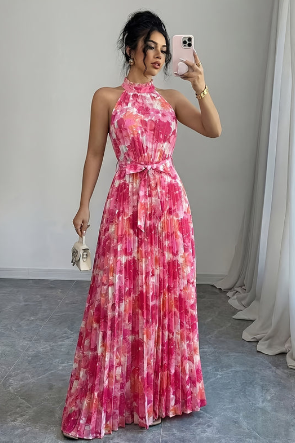 Gorgeous women's floral halter neck keyhole maxi dress, an elegant choice for summer parties and vacation wear.