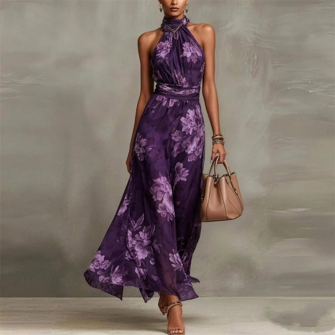 Long floral maxi party dress for women, elegant sleeveless design with a halter neck and ruched waist detail.