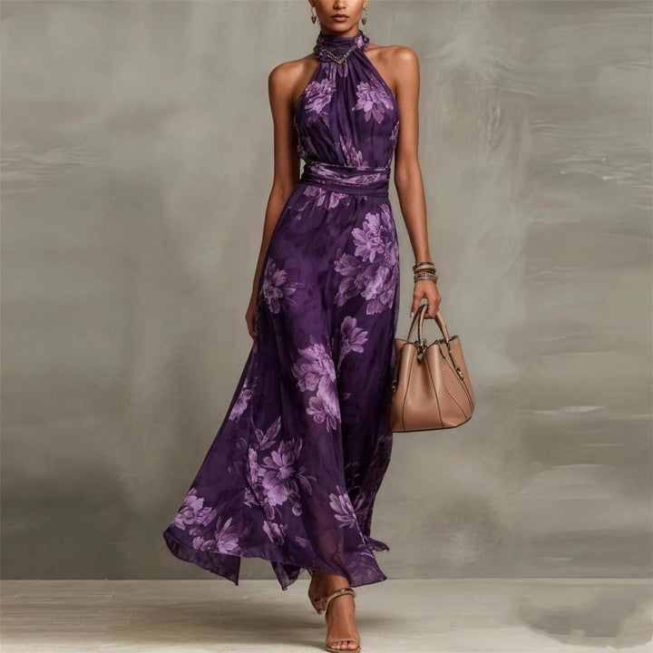 Long floral maxi party dress for women, elegant sleeveless design with a halter neck and ruched waist detail.