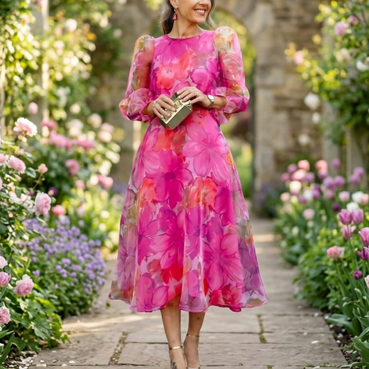 Elegant women's floral midi dress for special occasions. Perfect chic summer party or wedding guest attire.