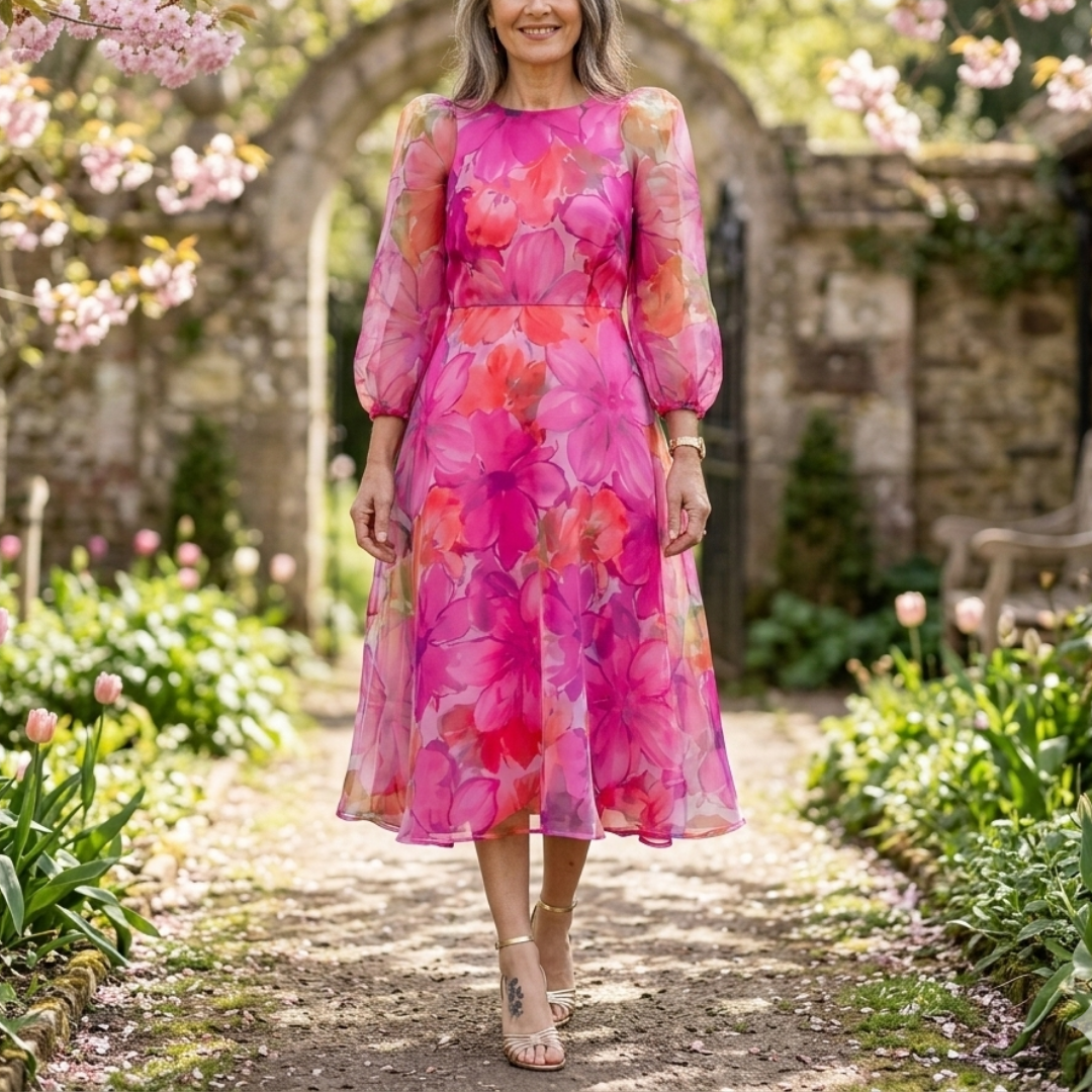Chic pink floral midi dress for women. Elegant party dress or wedding guest attire, ideal for summer.
