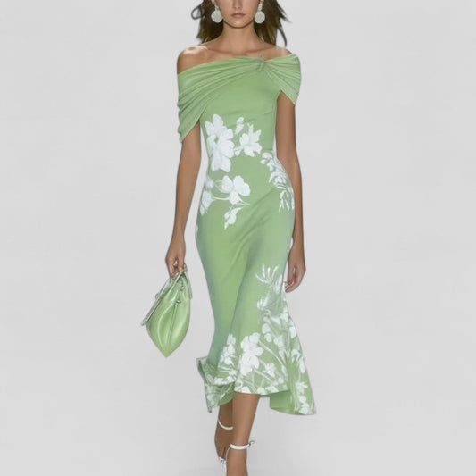 Elegant women's floral midi dress, perfect for summer parties or formal evening events. Chic ladies fashion.