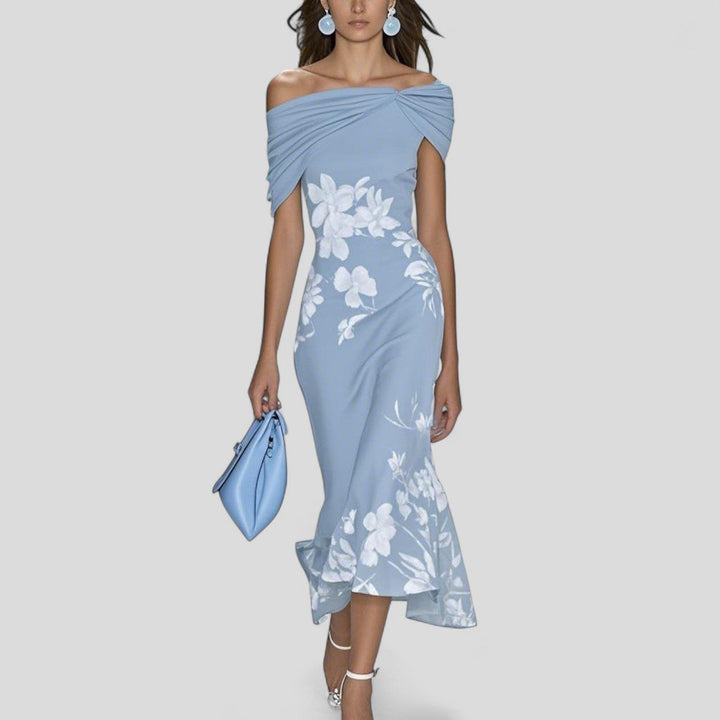 Chic women's floral midi dress, ideal for party, evening, or formal wear. Elegant ladies' summer apparel.