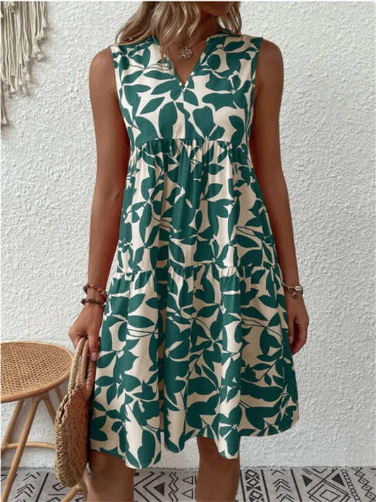 Elegant women's floral midi dress with a flowy A-line silhouette, perfect for summer garden parties and casual wear.