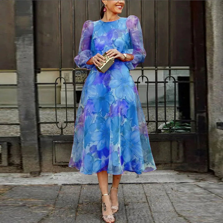 Vibrant floral midi dress for women, formal elegant style, ideal for special occasions in pink or blue hues.