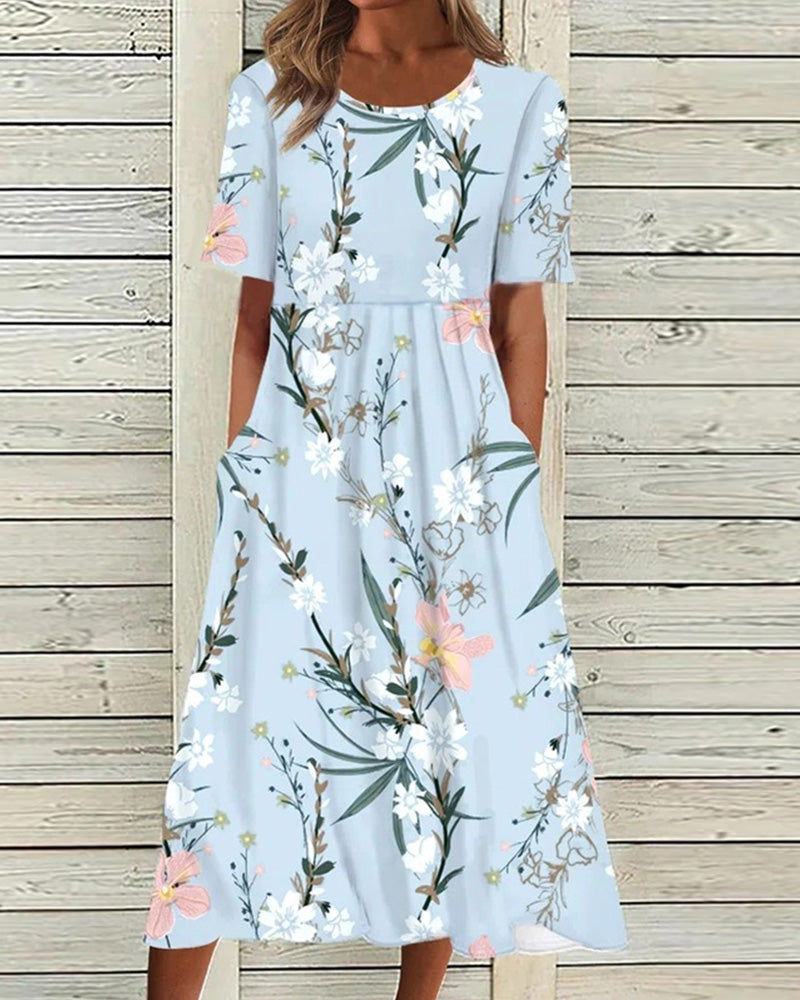 Elegant women's floral midi dress with short sleeves, round neck. Perfect for summer, spring, casual or vacation wear.