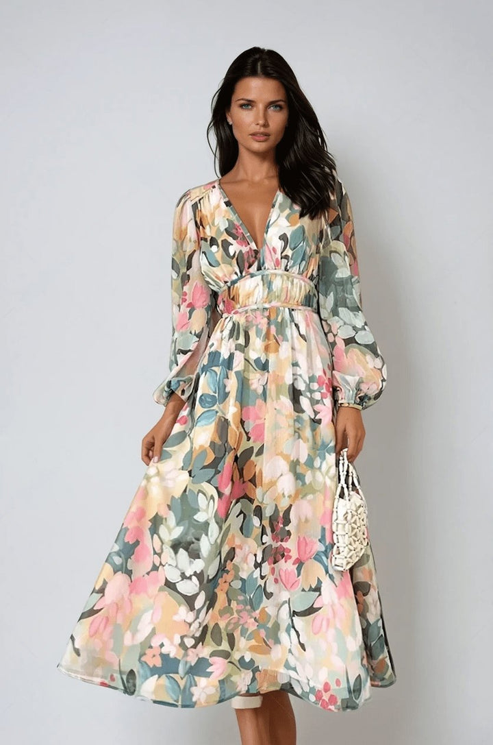 Elegant women's floral midi dress with V-neck & long sleeves, ideal for wedding guests, spring brunches & parties.