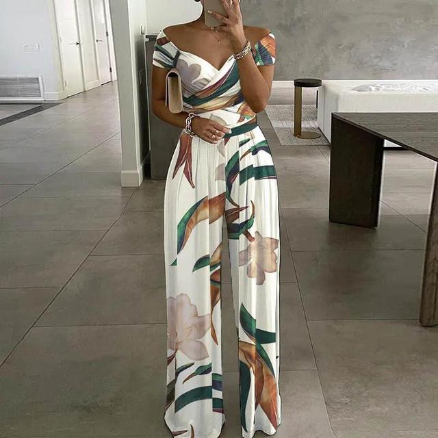 Chic floral print off-shoulder wide-leg jumpsuit for women, ideal for casual summer outfits.
