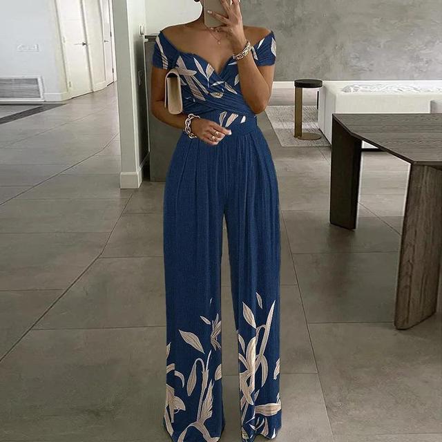 Printed off-shoulder wide-leg jumpsuit for women. Elegant summer floral design.